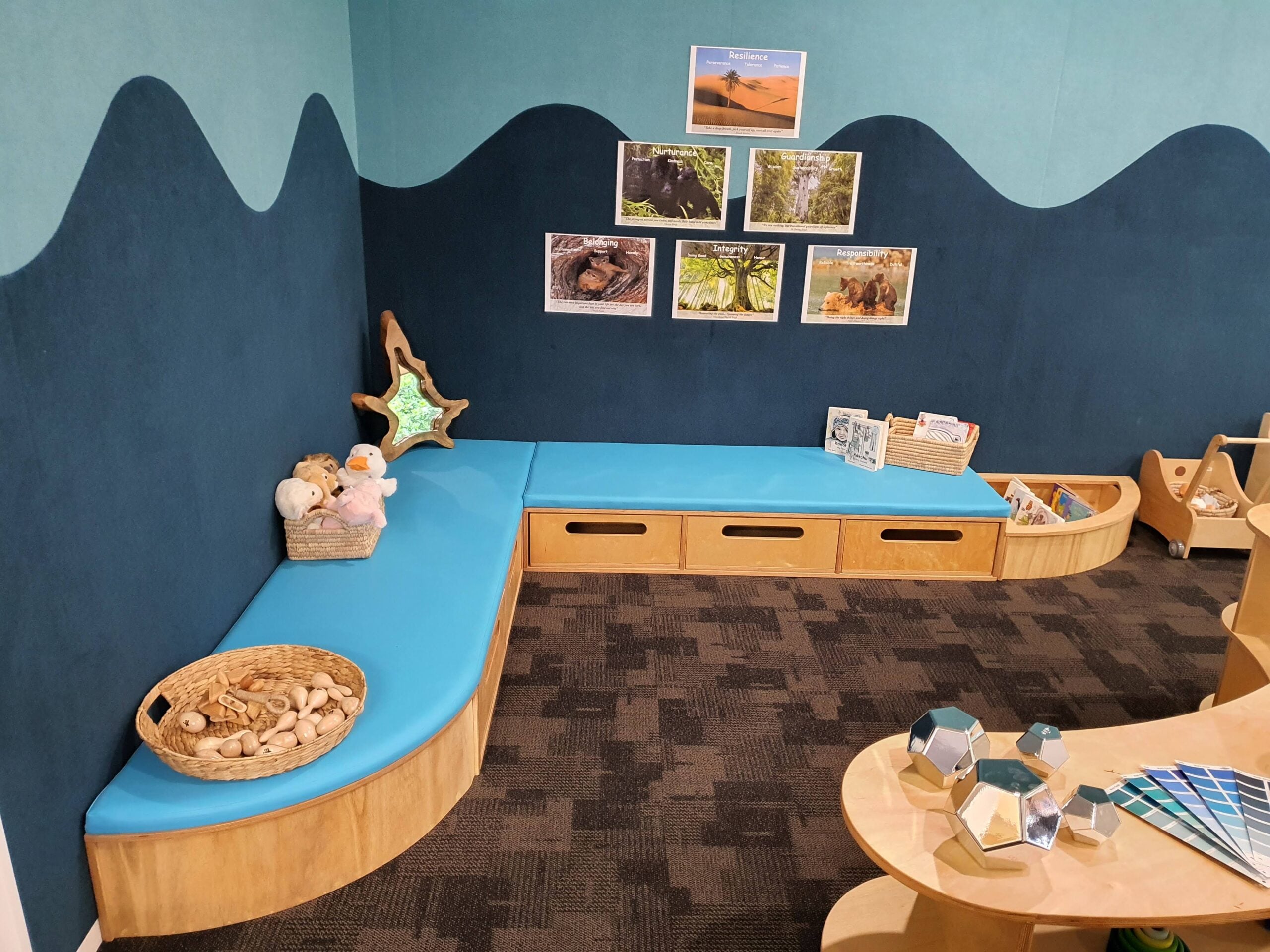 Acoustic wall panels lining a learning space wall