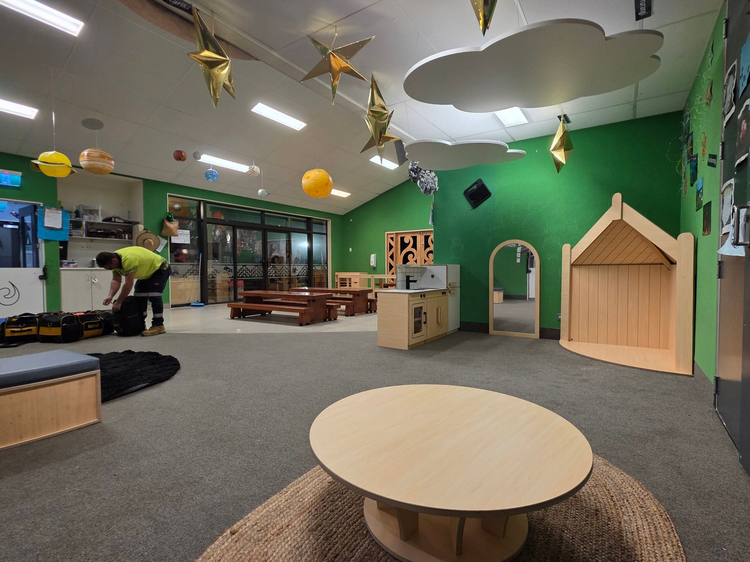 Acoustic wall panels being installed after hours in an early learning centre